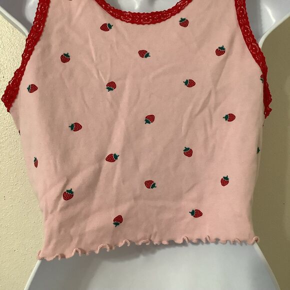 Pink Strawberry Coquette Fairy Feminine Lace Rosette Lettuce Hem Cropped Tank L - Picture 6 of 8